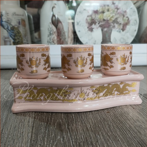 Khay 3 chum nước sứ Men rồng có khay - thờ cúng
