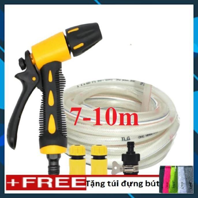 ️ Bộ dây vòi xịt nước rửa xe,tưới cây ,tăng áp 3 lần,loại 7m,10m 206319 cút sập,nối nhựa đen+ túi đựng bút