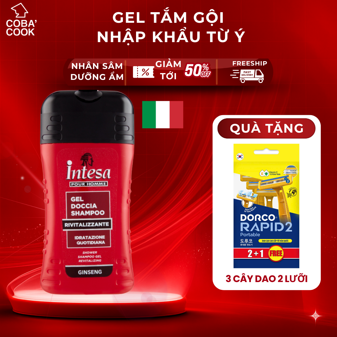 Sữa Tắm Gội Dạng GEL 250ml Thương Hiệu Intesa Cao Cấp Từ Ý KÈM Dao Cạo Râu Hàn 2 Lưỡi