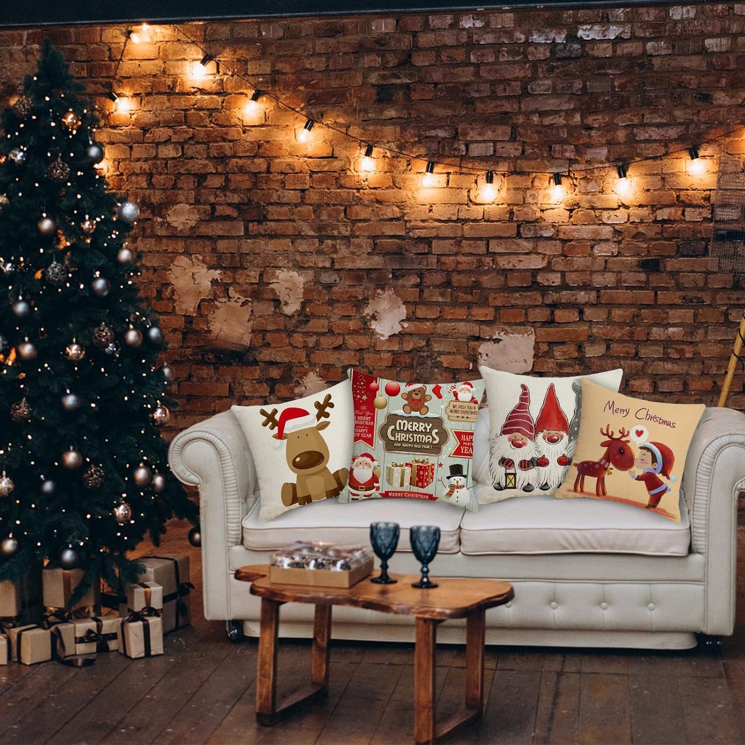 Vỏ đệm Giáng sinh 45x45cm, Bộ 4 Vỏ gối sofa bằng vải lanh và cotton trang trí Giáng sinh cho Giường đi văng Giường Ghế Phòng ngủ Vườn-Trang trí Giáng sinh vui vẻ