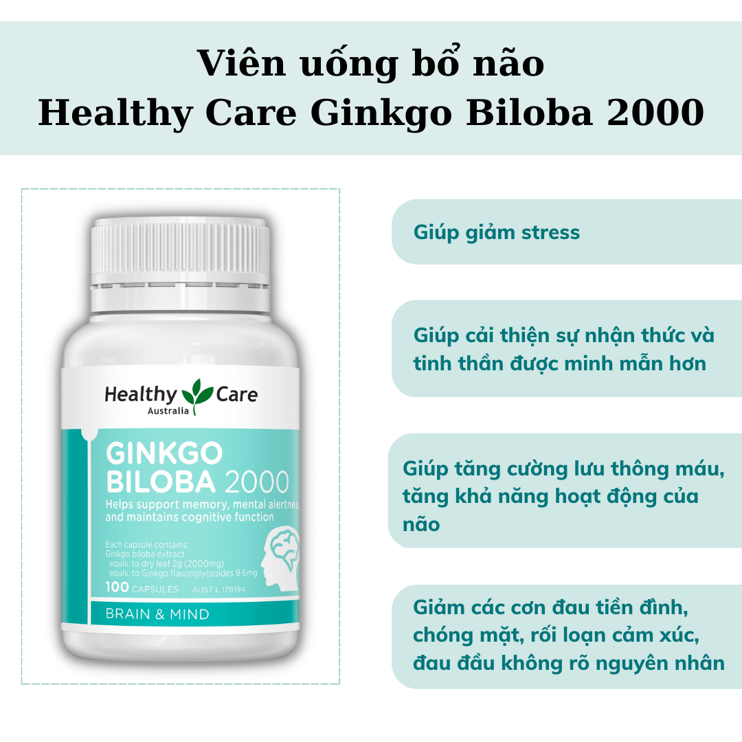 Viên uống bổ não Healthy Care Ginkgo Biloba 100 viên