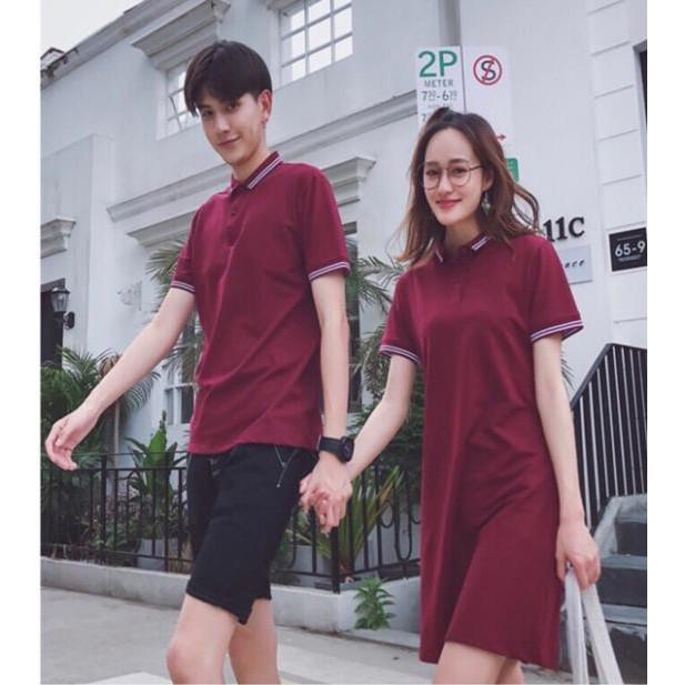 Áo đôi: Áo đầm form suông + Áo thun polo nam