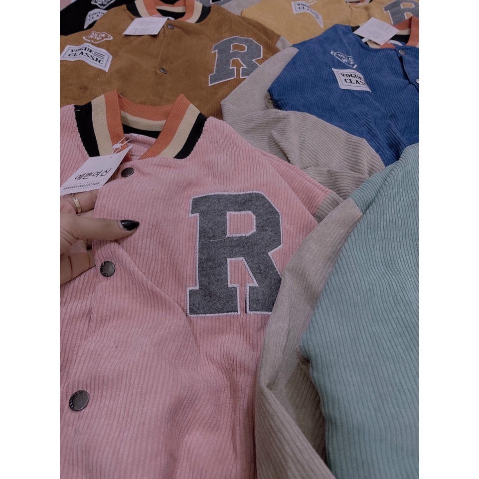 Áo Bomber Nhung Tăm Thêu Logo R Form Unisex Nam Nữ