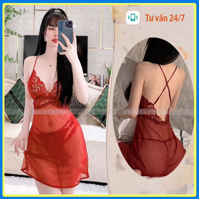 Váy ngủ 2 dây chéo lưng xuyên thấu sexy cao cấp P26 - Đầm ngủ nữ gợi cảm - Đồ ngủ nữ