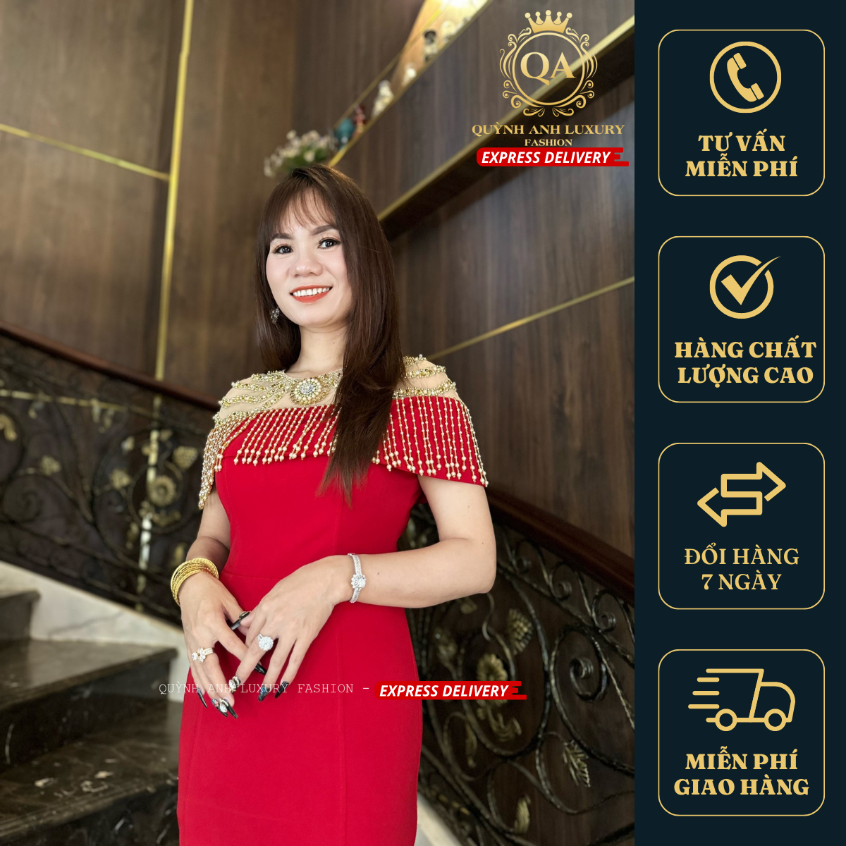 Đầm Dạ Hội Đỏ Đuôi Cá Cổ Tròn Phối Lưới Cao Cấp Otis Dress