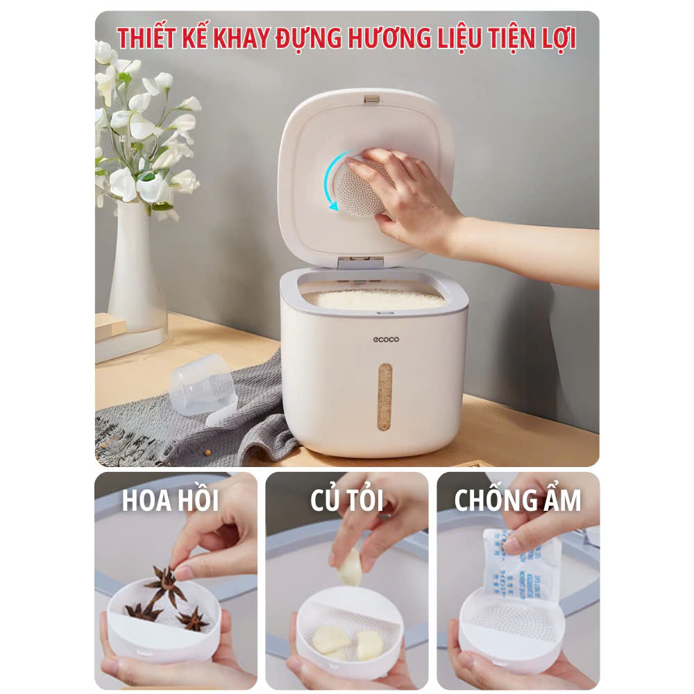 Thùng Đựng Gạo Cao Cấp 5kg &amp; 10kg - Thùng Đựng Gạo Nắp Đậy Thông Minh, Thiết Kế Hiện Đại &amp; Đẹp Mắt, Chất Liệu ABS &amp;PP An Toàn Chống Nước, Chống Ẩm Mốc, Mối Mọt - Hàng Nhập Khẩu