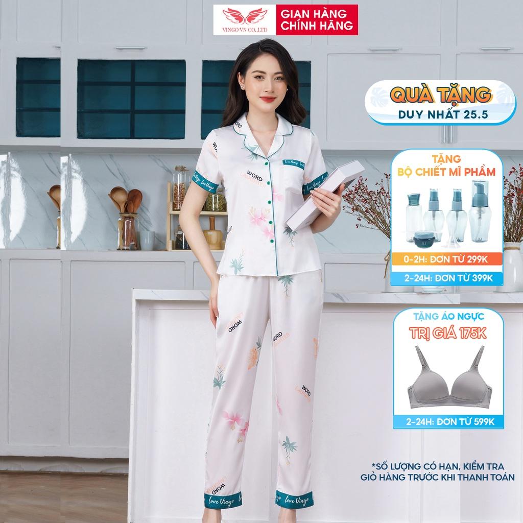 Đồ Bộ Ngủ Nữ Pijama Mặc Nhà VINGO Tay Ngắn Quần Dài Lụa Pháp Cao Cấp In Hoa Hồng Trắng Viền Xanh Đông Xuân H648 VNGO