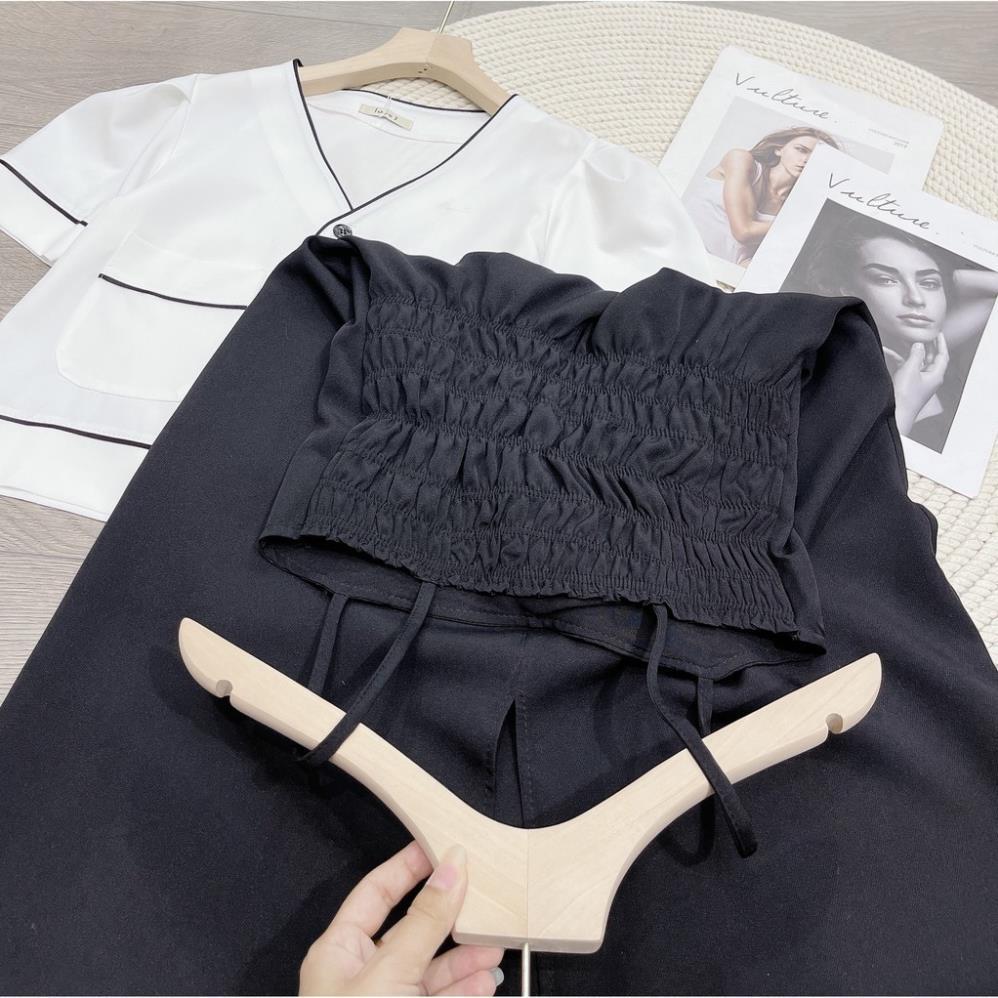 Set 2 món váy 2 dây và áo khoác ngoài váy 2s đen xòe mix áo khoác viền đen cúc cộc tay