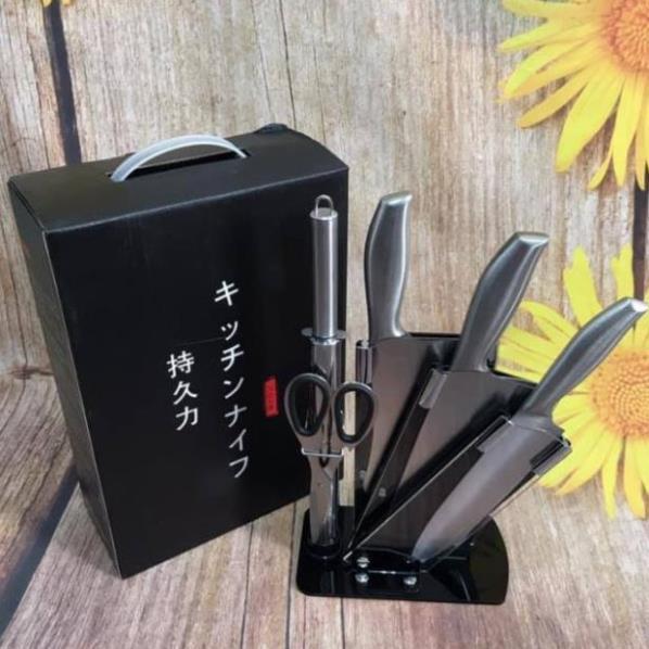 Bộ Dao Kéo Nhà Bếp 6 Món Nhật Bản Cao Cấp, Inox Nhật Bản Chống Gỉ, Tặng Kèm Khay Để Dao Kéo