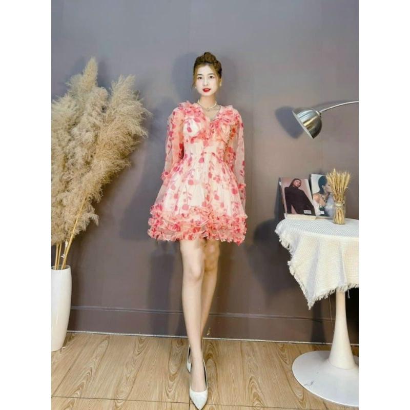 ĐẦM VOAN HOA TAY DÀI ĐAN DÂY XẾP TẦNG