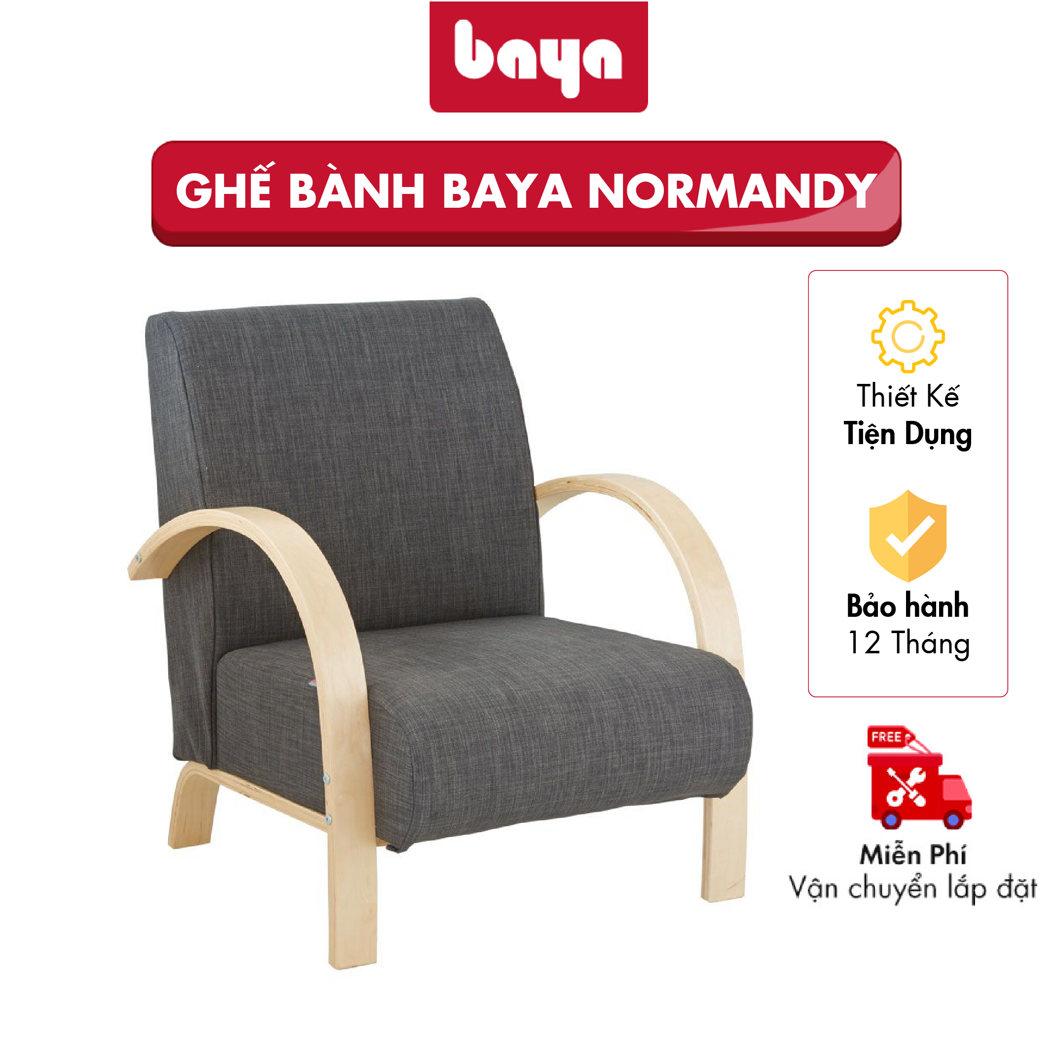 Ghế Bành Đơn Phong Cách Hiện Đại BAYA NORMANDY Thiết Kế Khung Gỗ Ván Ép Chắc Chắn Độ Bền Cao Và Đệm Ngồi Bọc Vải Lanh Êm Ái 1053784