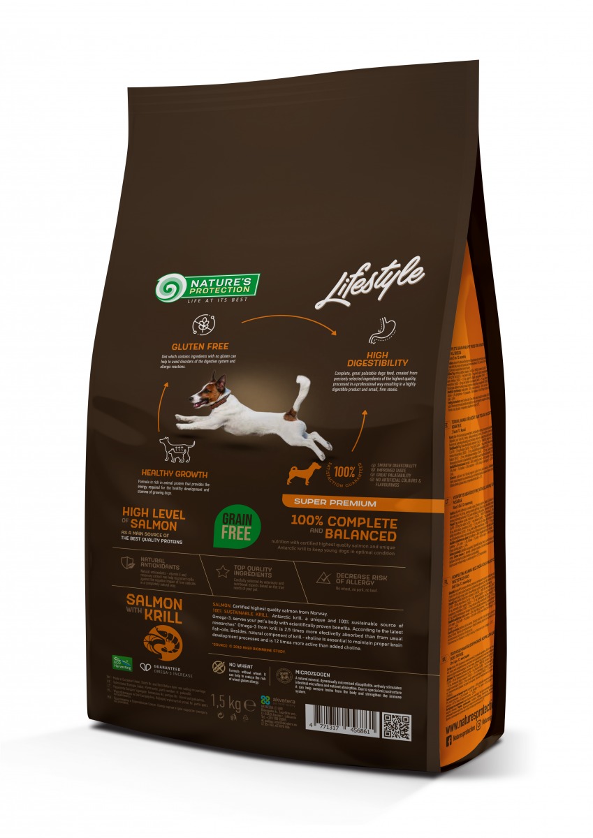 NATURE’S PROTECTION LIFESTYLE GRAIN FREE SALMON WITH KRILL JUNIOR Thức ăn không ngũ cốc giàu cá hồi và tôm Krill dành cho chó con thuộc tất cả các giống chó Từ 3 – 12 tháng tuổi