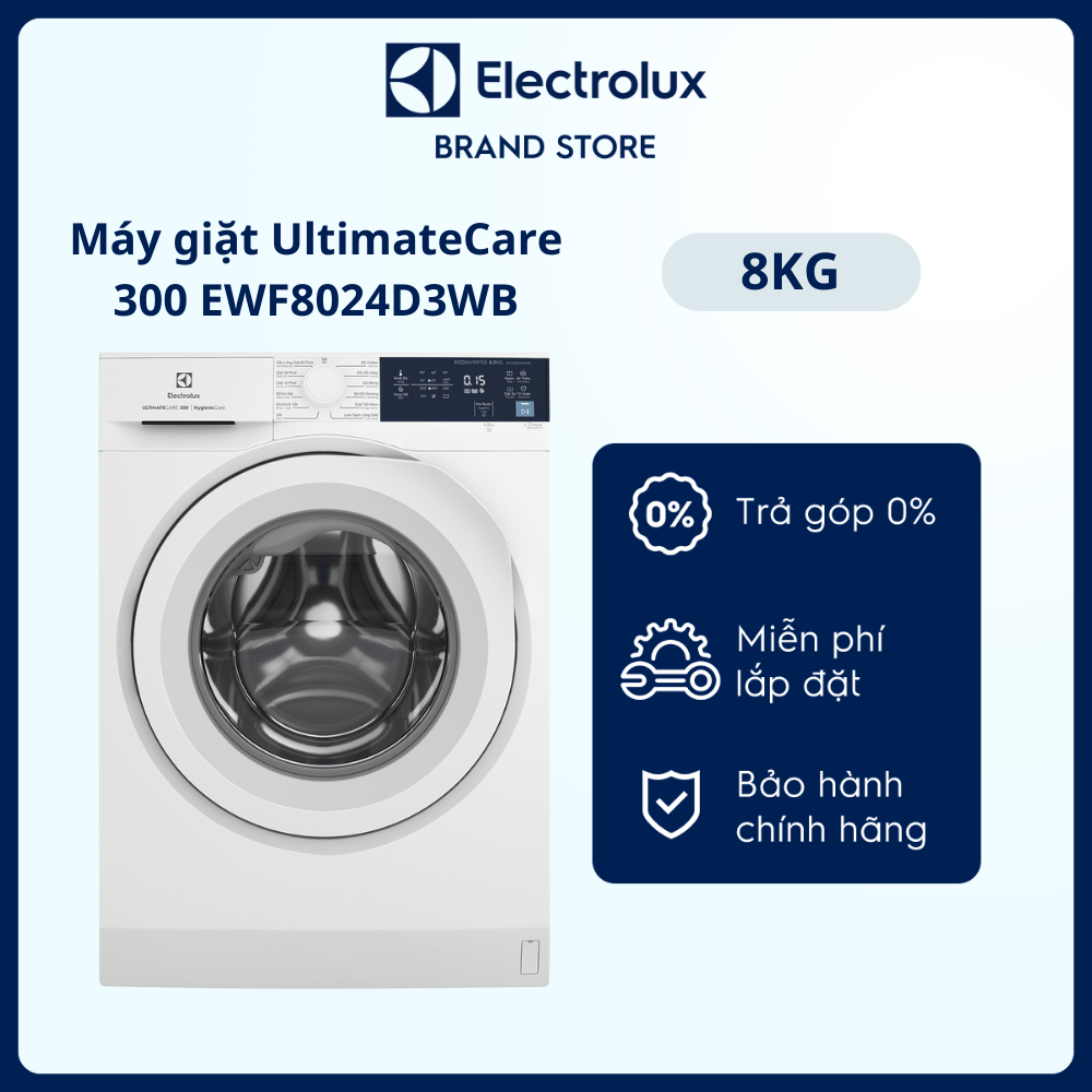 [Free Giao lắp] Máy giặt cửa trước Electrolux 8kg EWF8024D3WB - Giặt hơi nước diệt 99.9% vi khuẩn hiệu quả trên nhiều loại vải khác nhau, tiết kiệm điện năng [Hàng Chính Hãng]