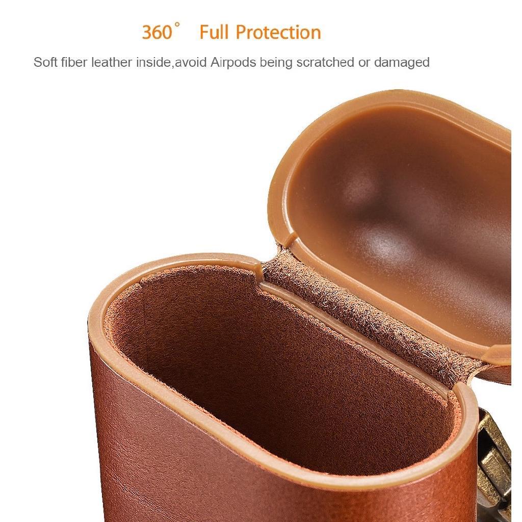 Vỏ bọc bảo vệ hộp sạc tai nghe không dây ICARER da thật có móc treo thích hợp cho Apple Airpods 1/ 2