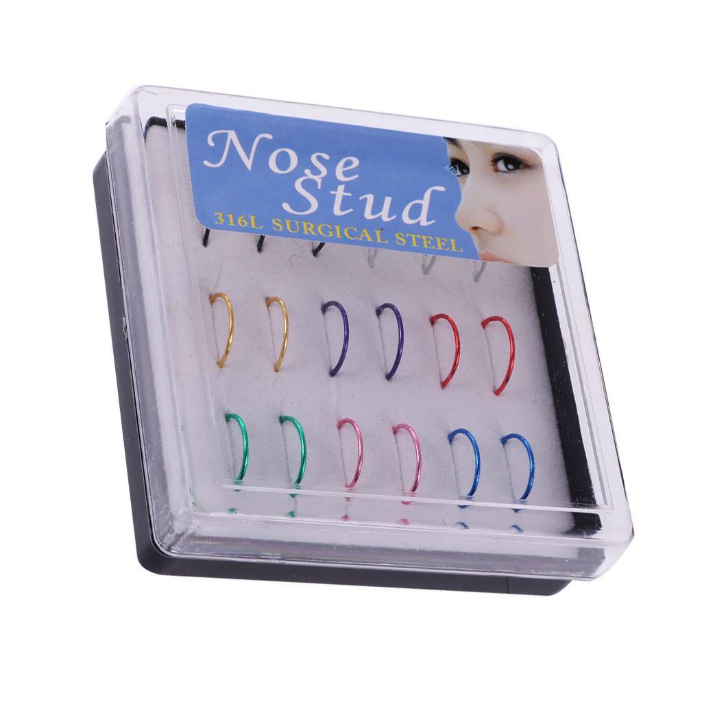 3-4pack 18pcs Mixed Color 316L Stainless Steel Nose Studs Hoops Piercing Rings