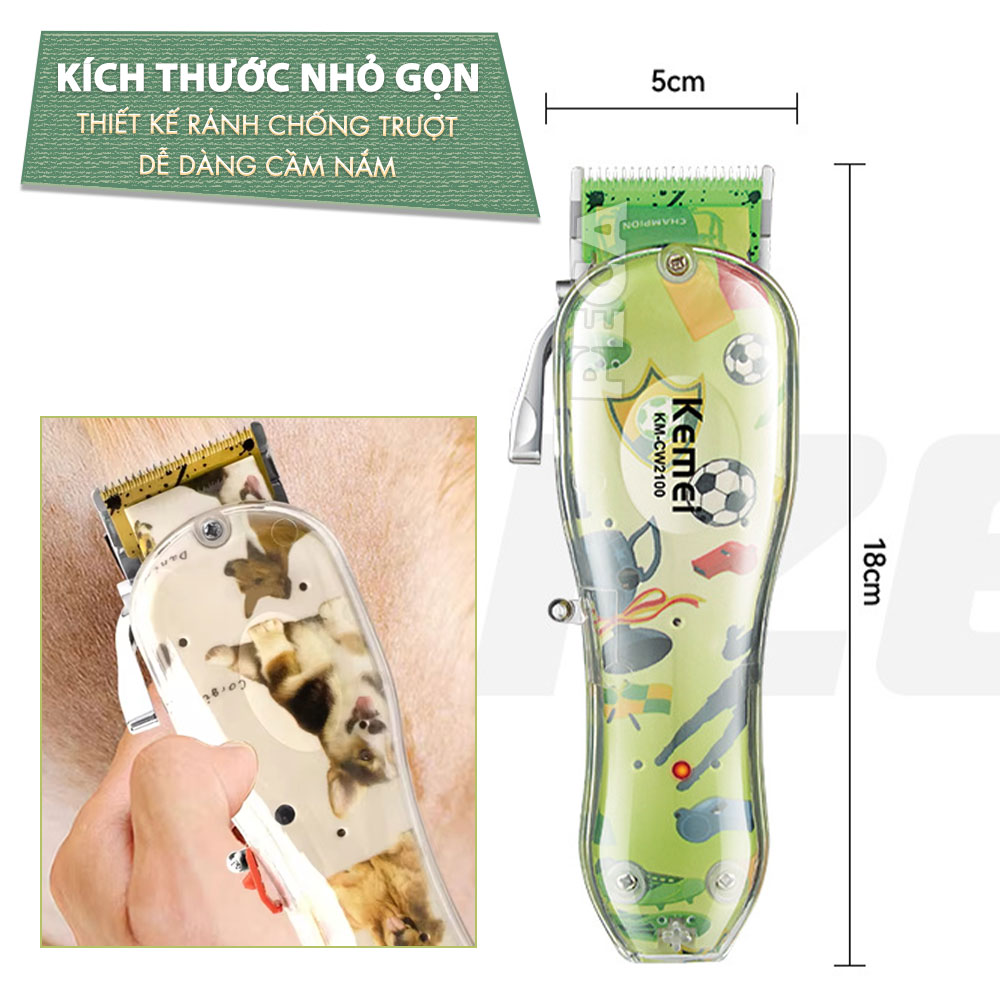 Tông đơ cắt lông thú cưng Kemei KM-CW2100 sử dụng không dây có thể cắt cho chó, mèo...công suất mạnh 5W - Hàng chính hãng
