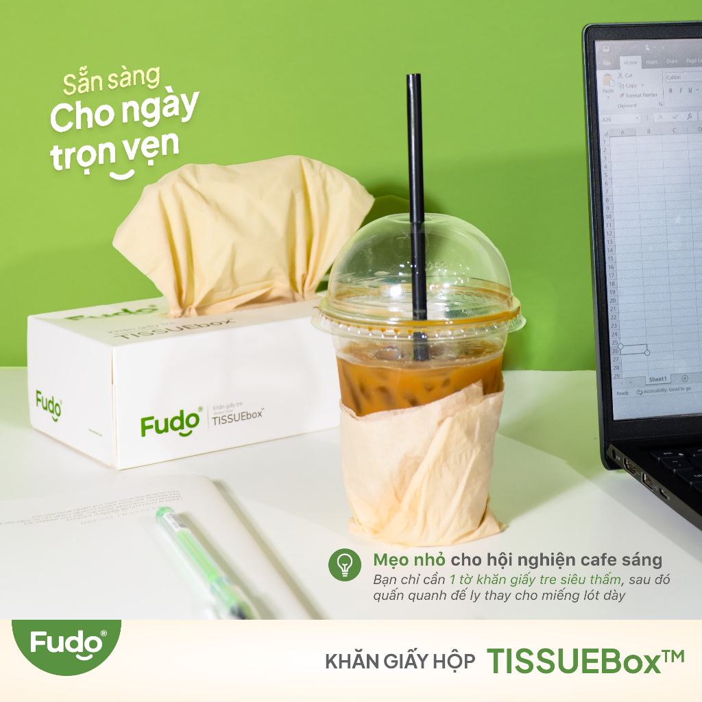 Khăn giấy hộp Fudo TISSUEBOX không mùi từ sợi tre - 100 tờ - 3 lớp siêu thấm