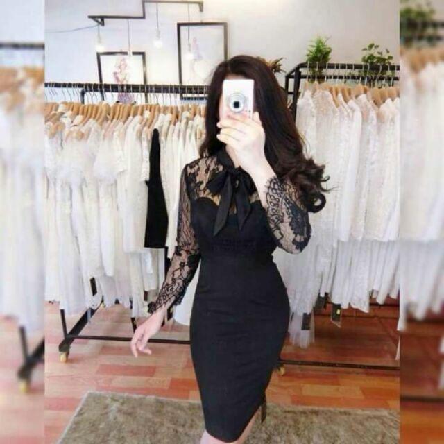 Đầm body tay dài ren thắt nơ ngay cổ