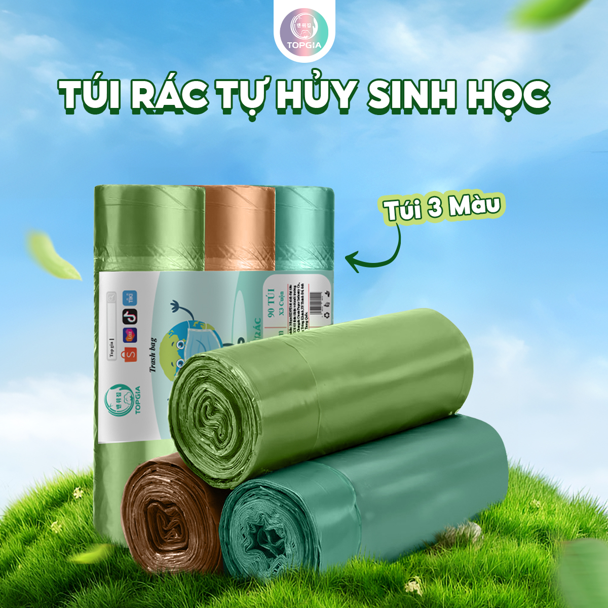 Túi đựng rác có dây 3 cuộn lớn Top Gia, túi sinh học tự hủy màu ghi thân thiện với môi trường