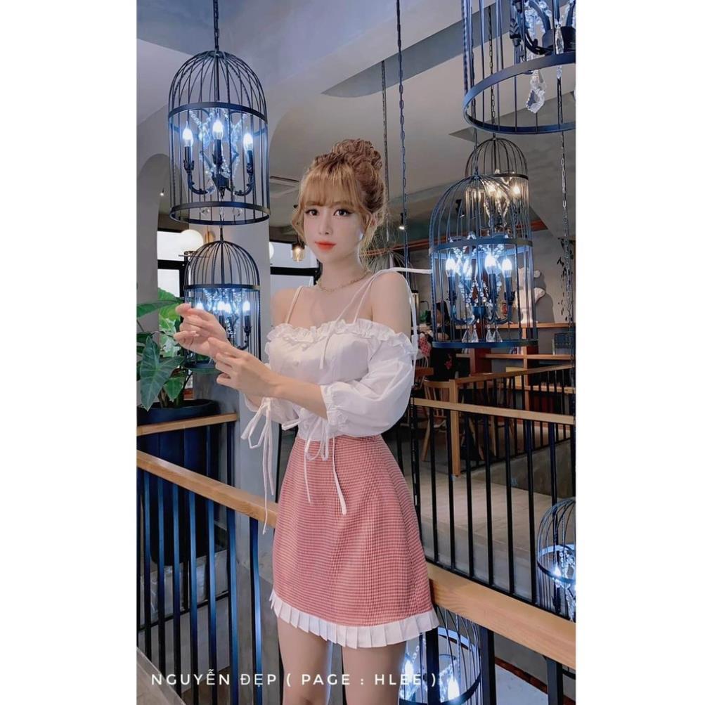 TSL-Set bộ đồ nữ áo trễ vai tay dài  kèm chân váy caro dáng xòe thời trang nữ dạo phố, dự tiệc