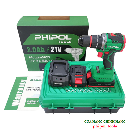 Combo Máy khoan vít đầu 10mm 21V động cơ không chổi than, có búa PHIPOL TOOLS PH3023 Kèm 2 pin và sạc - Hàng Chính Hãng