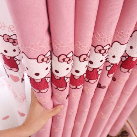 Rèm Cửa Thêu Họa Tiết Hello Kitty Màu Hồng Dễ Thương Hiện Đại - Trang Trí Phòng