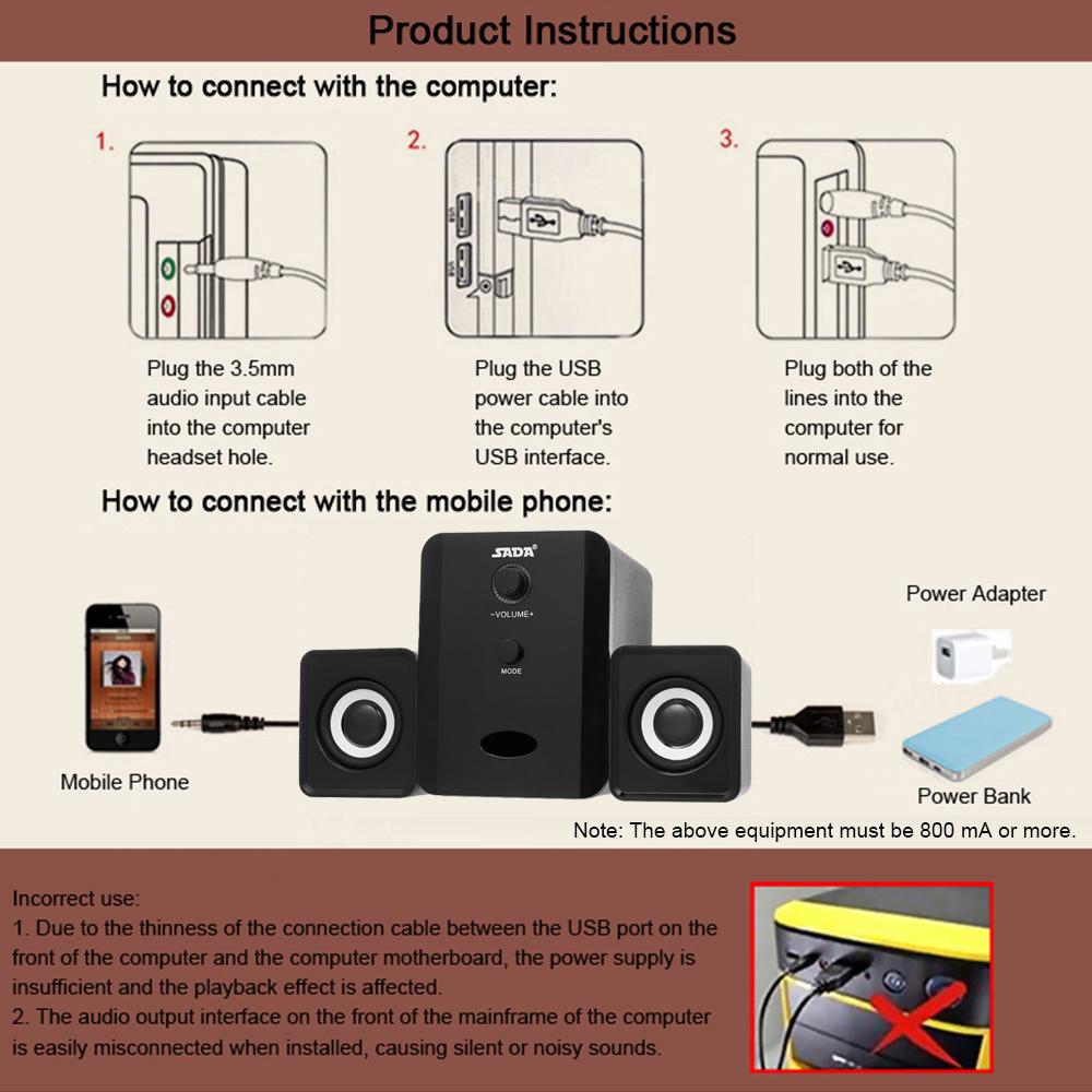 Bộ loa Bluetooth có dây USB SADA D-201 siêu trầm Hộp âm thanh cho máy tính xách tay để bàn