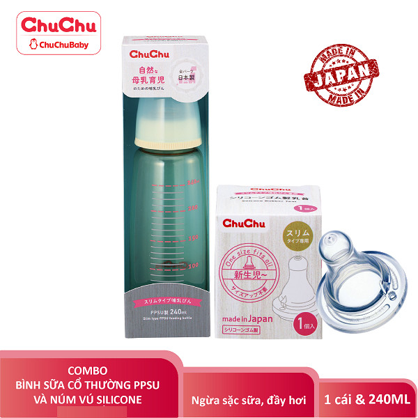 Combo bình sữa PPSU 240ml và núm ty ngừa sặc sữa, chống đầy hơi Chuchu Baby