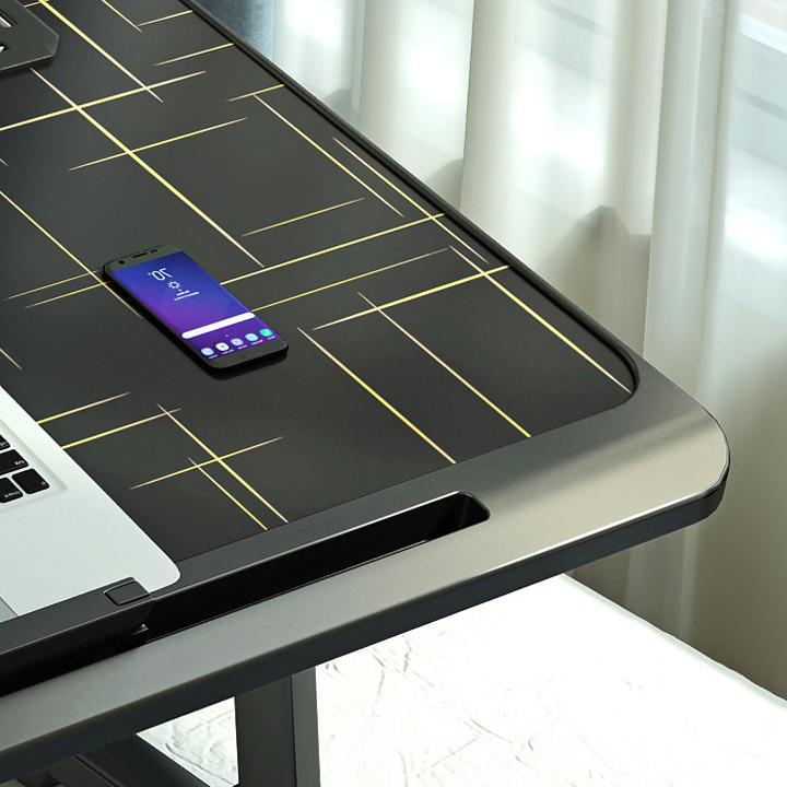 Bàn làm việc ngồi giường màu đen mẫu cao cấp, bàn gấp ngồi giường Full, ngăn kéo, USB, giá sách, khe cắm thẻ KO126