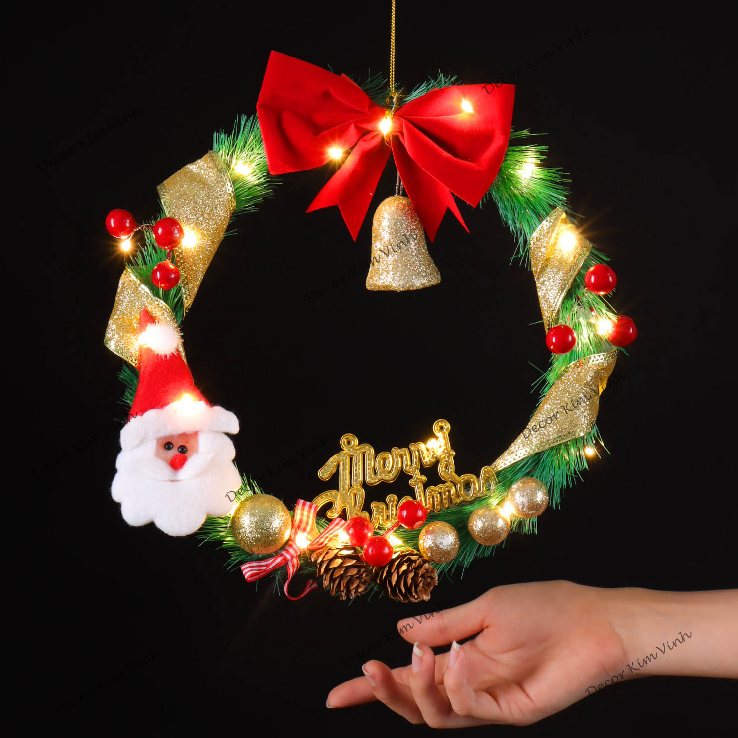 Vòng hoa Noel TC01 25cm Vòng Hoa Trang Trí Noel Vòng Nguyệt Quế Giáng Sinh Có Đèn