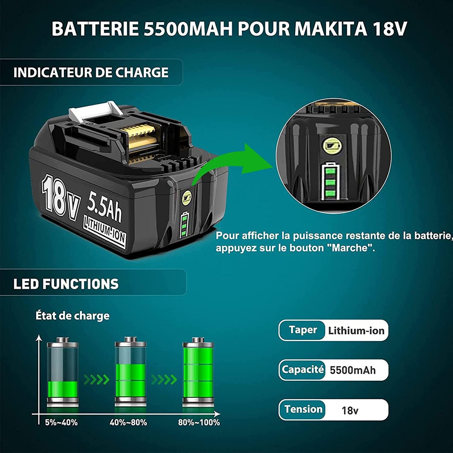 2 cục 18V 5.5Ah cho makita BL1850B BL1860 BL1830 BL1845 BL1815 LXT-400 194204-5 có đèn LED báo pin Màu sắc: 2 pin picec