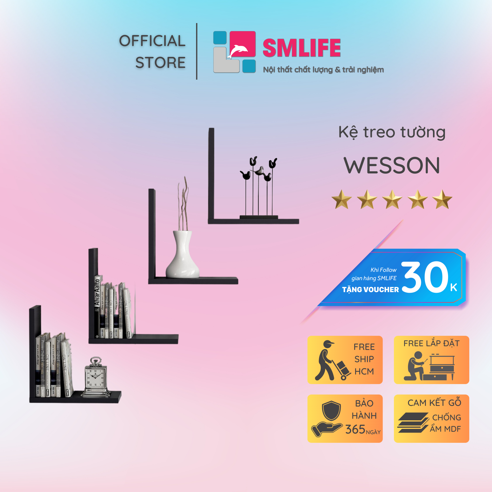 Kệ gỗ treo tường trang trí hiện đại SMLIFE Wesson  | Gỗ MDF dày 17mm chống ẩm | D30xR15xC30cm