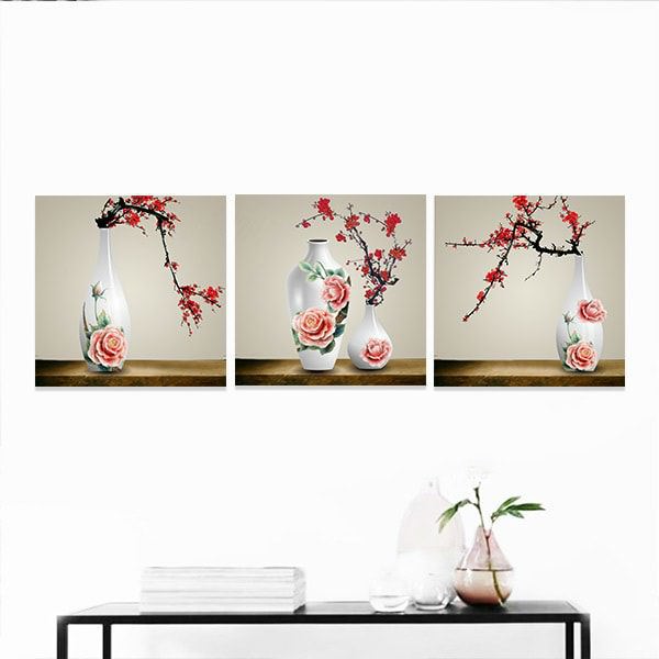 Bộ 3 Tranh Ép Gỗ MDF Trang Trí Hoa Đào W294