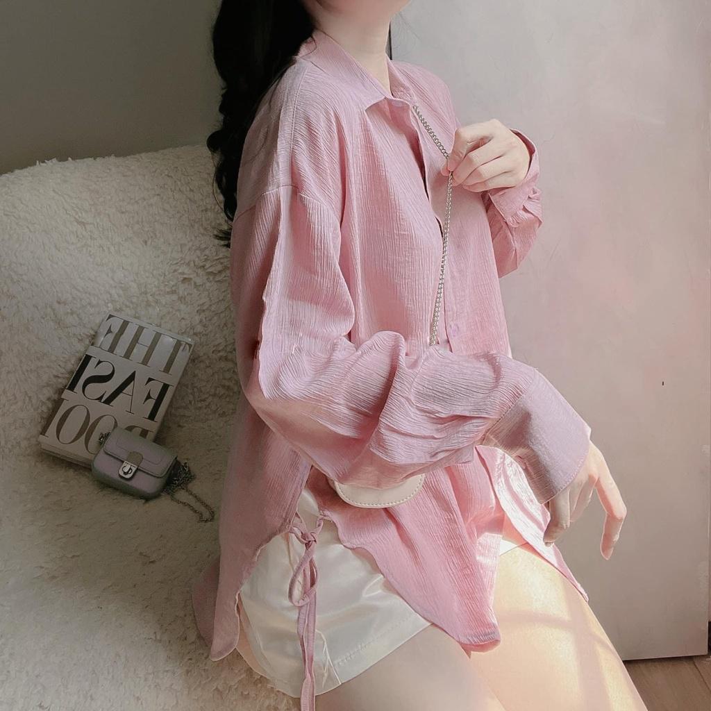 Set áo sơmi xanh bơ cột dây phối quần suông trắng