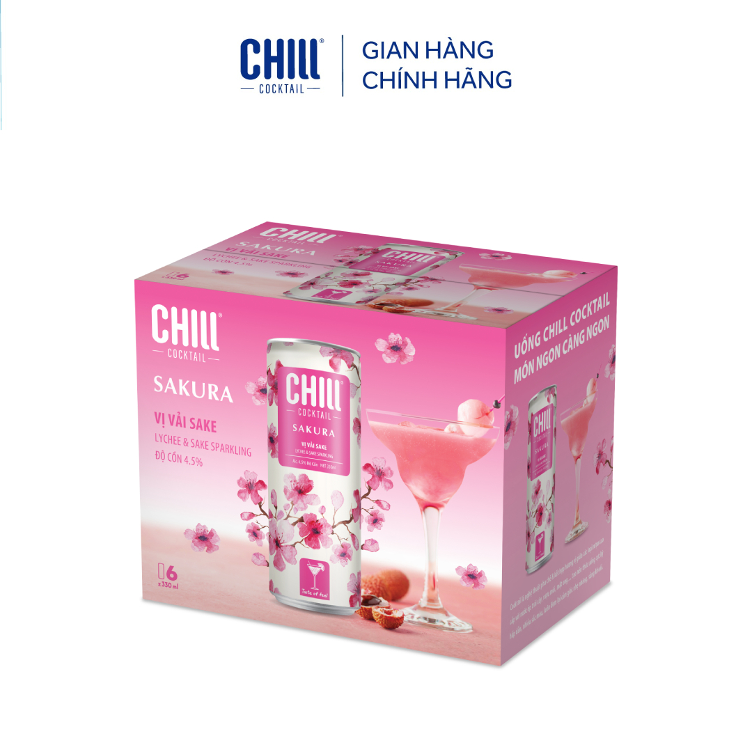 [MUA 2 TÍNH 1] Thùng 6 lon Chill Cocktail Sakura vị Vải Sake (330ml/lon)