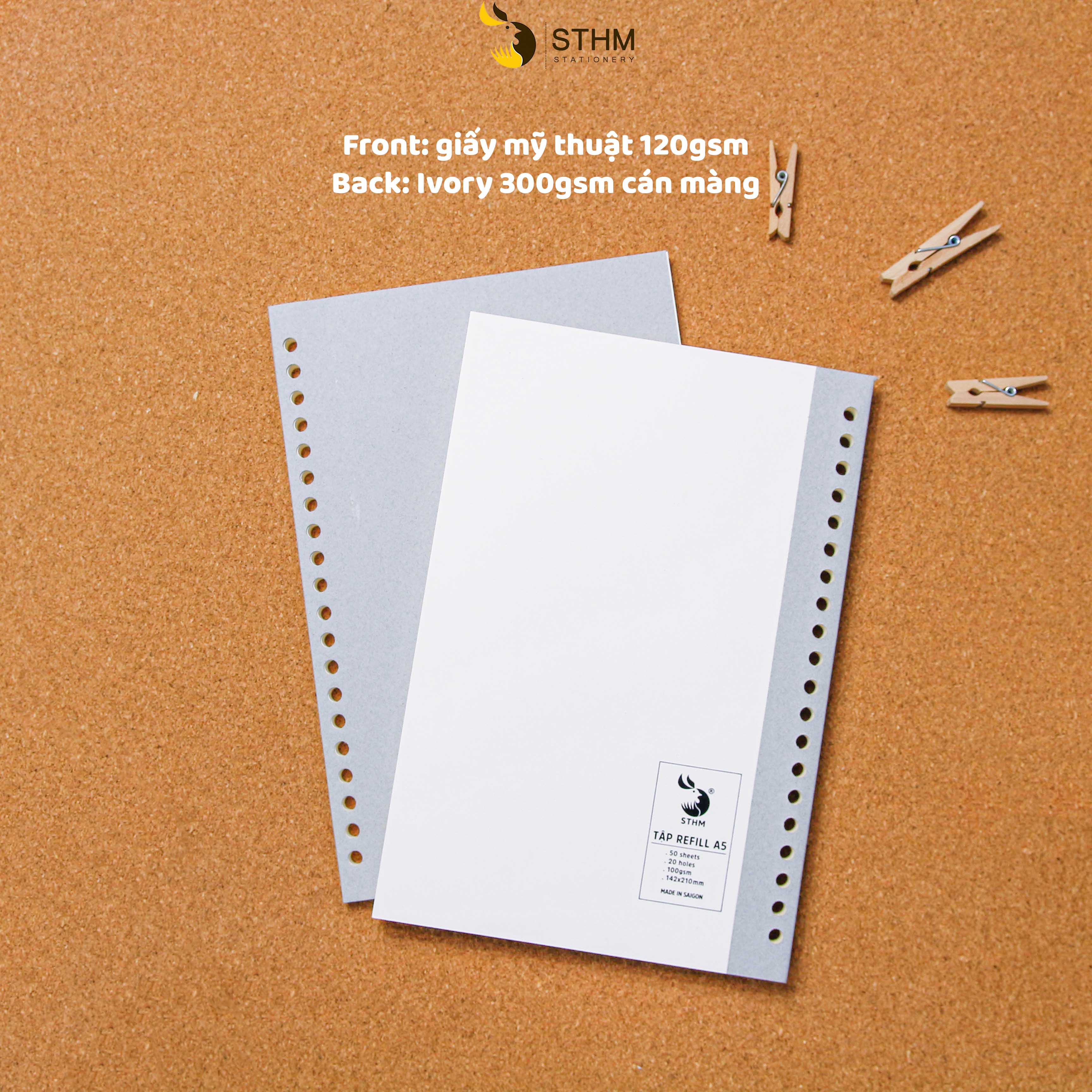 [STHM stationery] - Tập refill A5 20 lỗ - Gáy dán keo xé được như notepad - 50 tờ kem 100gsm