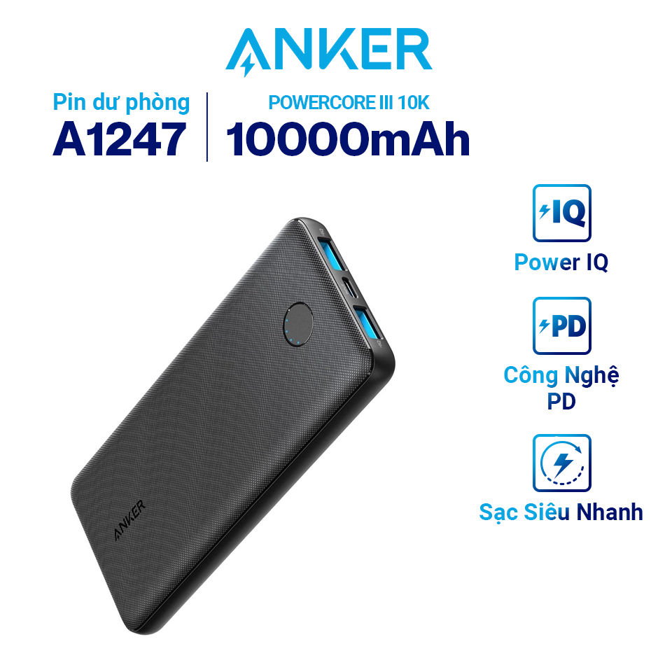 Pin Sạc Dự Phòng PowerCore III 10K 10000mAh PowerIQ cổng USB-A, đầu vào USB-C PD - A1247 - Hàng Chính Hãng