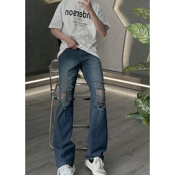 Baggy jeans rách gối tưa nhiều quần ống rộng nam wash 2 màu