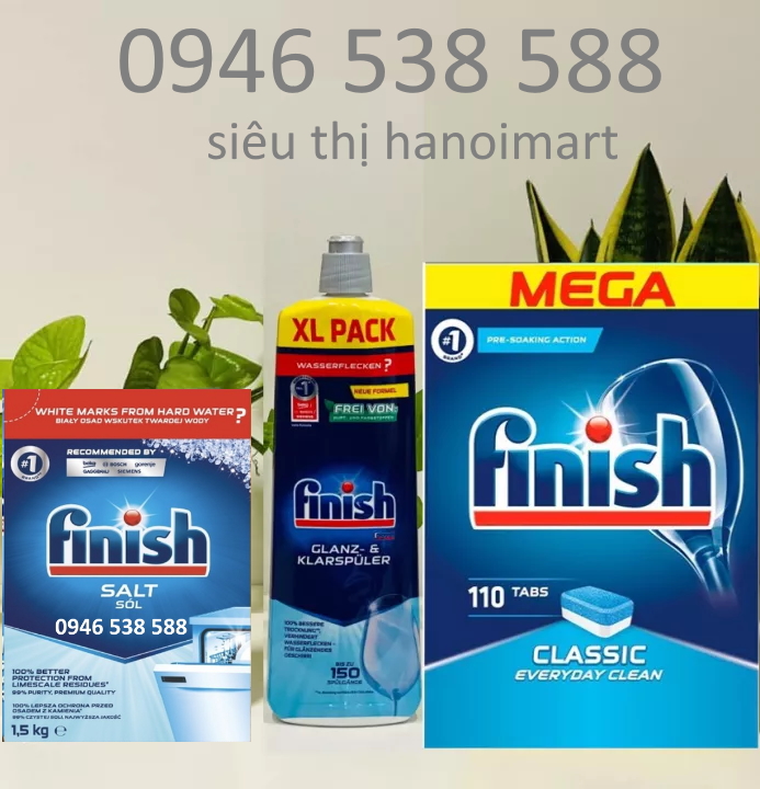 Combo rửa chén Finish: Classic hộp 110 viên, Nước làm bóng 750ml, Muối hộp 4kg - Nhập khẩu Châu Âu