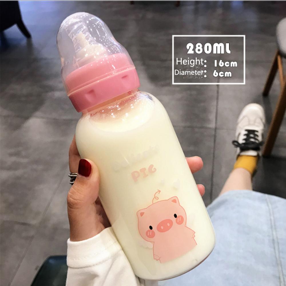 Hoạt Hình Dễ Thương Bình Nước Thủy Tinh Núm Vú Giả Ống Hút Cốc Thích Hợp Cho Người Lớn Trẻ Em Sữa Chai Thủy Tinh Cho Bé Chai