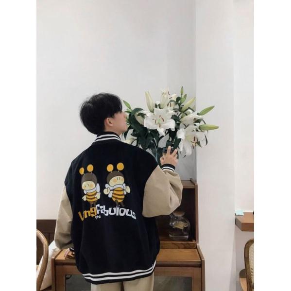 Áo khoác bomber nhung gân thích hợp mặc cặp phối màu,áo khoác nhung unisex nam nữ có nút bấm in hình con Ong dễ thương, Áo khoác bomber kaki nhung gân ulzzang nam nữ