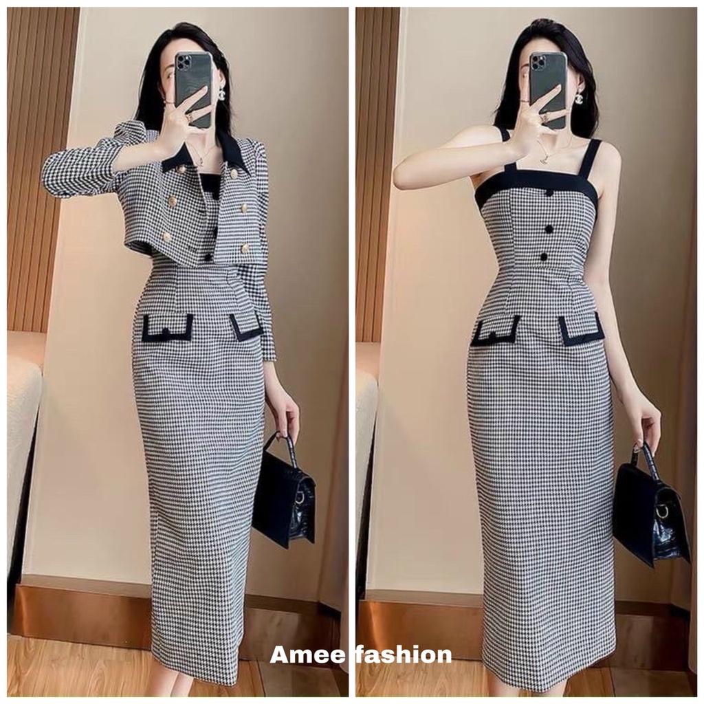 FRESHIP Sét váy đầm nữ hai dây caro giả túi mix áo khoác tay dài cùng tông thanh lịch sang chảnh KIMGIA DS