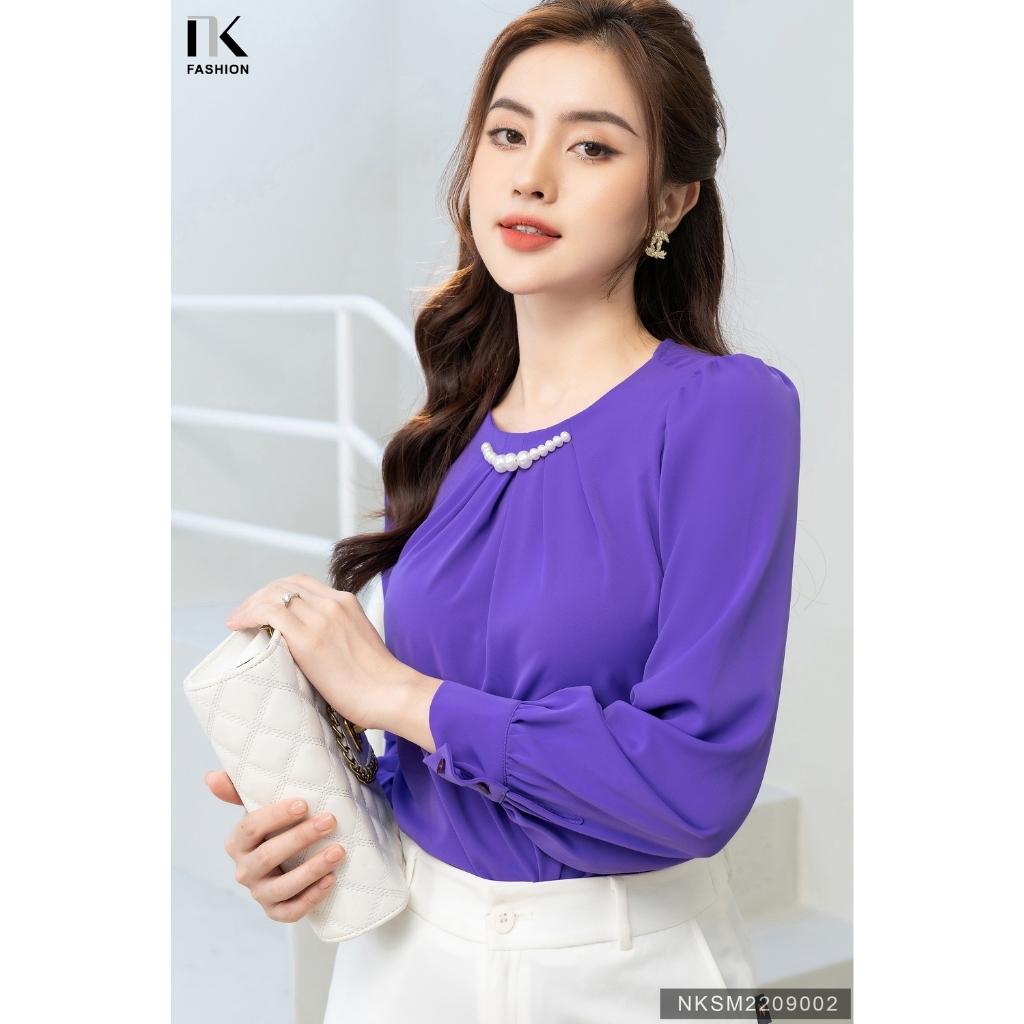 Áo Sơ Mi Công Sở Dài Tay Cổ Đính Dây Ngọc NK FASHION Chất Vải Lụa Hàn Cao Cấp, Mềm Mại NKSM2209002
