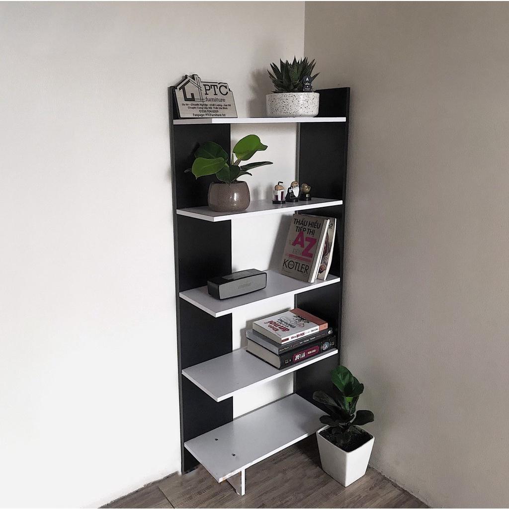 Kệ gỗ 5 tầng đa năng màu trắng đen, kệ sách đặt góc tường gỗ MDF phủ Melamine chống xước 50 x 20 x 120 TAGO ND24