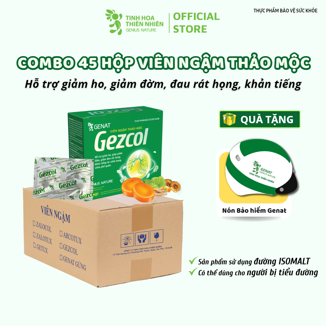 Combo 45 hộp 20 viên - Viên ngậm thảo mộc Gezcol Hỗ trợ giảm ho, giảm đờm, giảm đau rát họng, khản tiếng - Genat