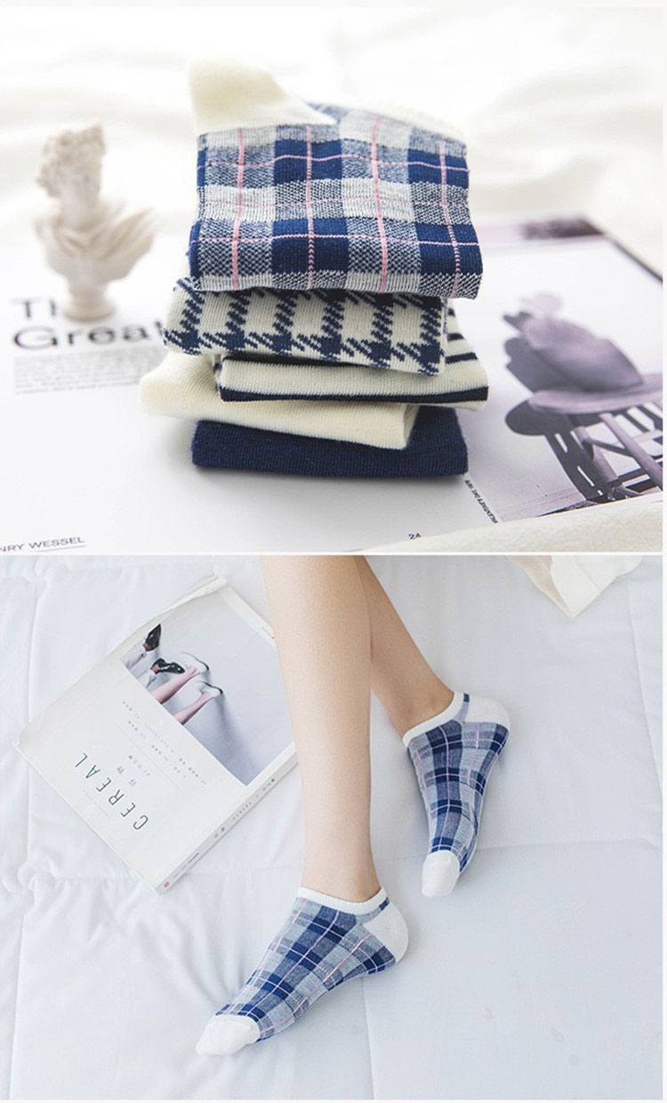 Set 5 Đôi Tất Cổ Ngắn Họa Tiết Caro Màu Sắc Tươi Sáng Kiểu Dáng Trẻ Trung TN58