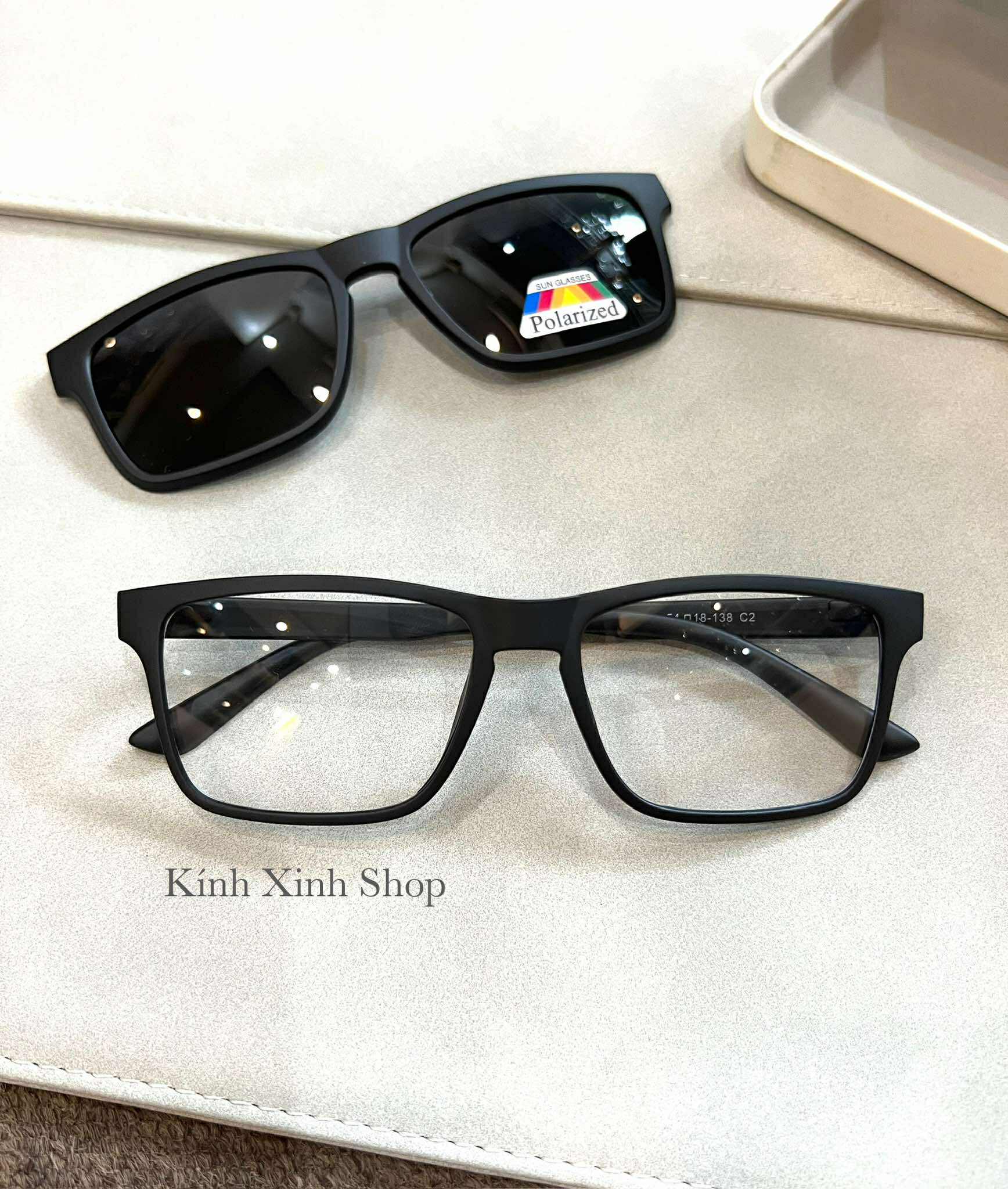 Kính Mắt Cận Râm, Kính Mắt Vuông Basic Unisex 2 Tròng 2in1 Cho Nam và Nữ