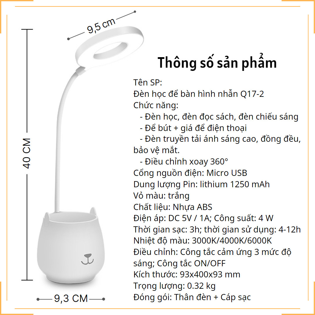 Đèn học để bàn Đựng bút Ánh sáng 3 màu Làm mờ vô cấp Hình nhẫn