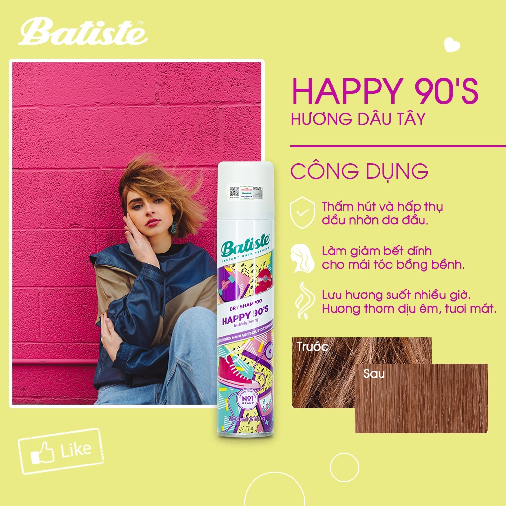 Dầu Gội Khô Batiste Hương Dâu Tây - Batiste Dry Shampoo Happy 90's Bubbly Berry 200ml