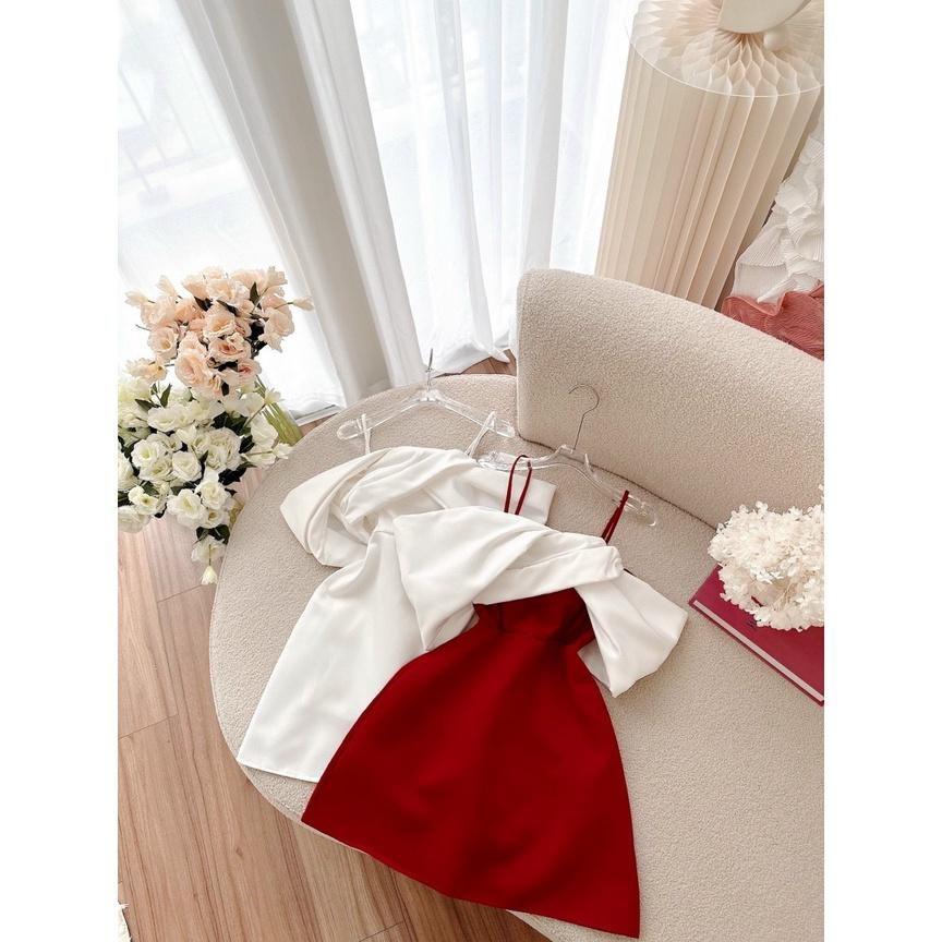 Đầm đỏ 2 dây trễ vai xoắn nơ ngực váy cưới cô dâu mẫu nina lê dự tiệc